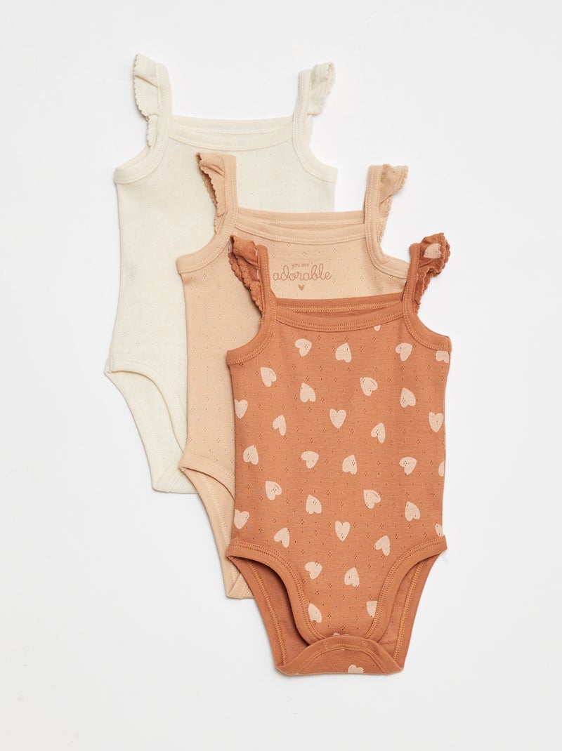 Lot de 3 bodies en maille pointelle avec bretelles volantées Beige - Kiabi