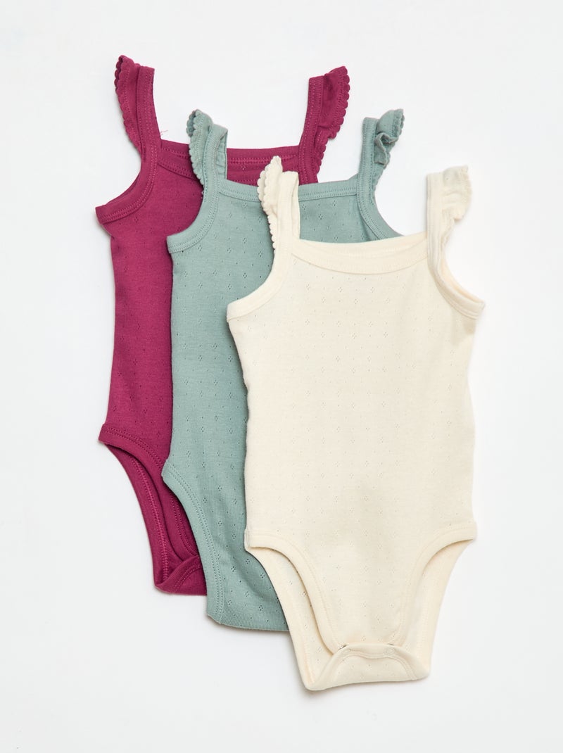 Lot de 3 bodies en maille pointelle avec bretelles volantées Violet - Kiabi