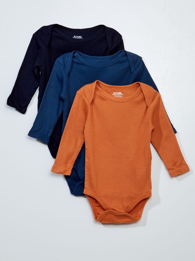 Lot de 3 bodies manches longues Bleu/Orange - Kiabi