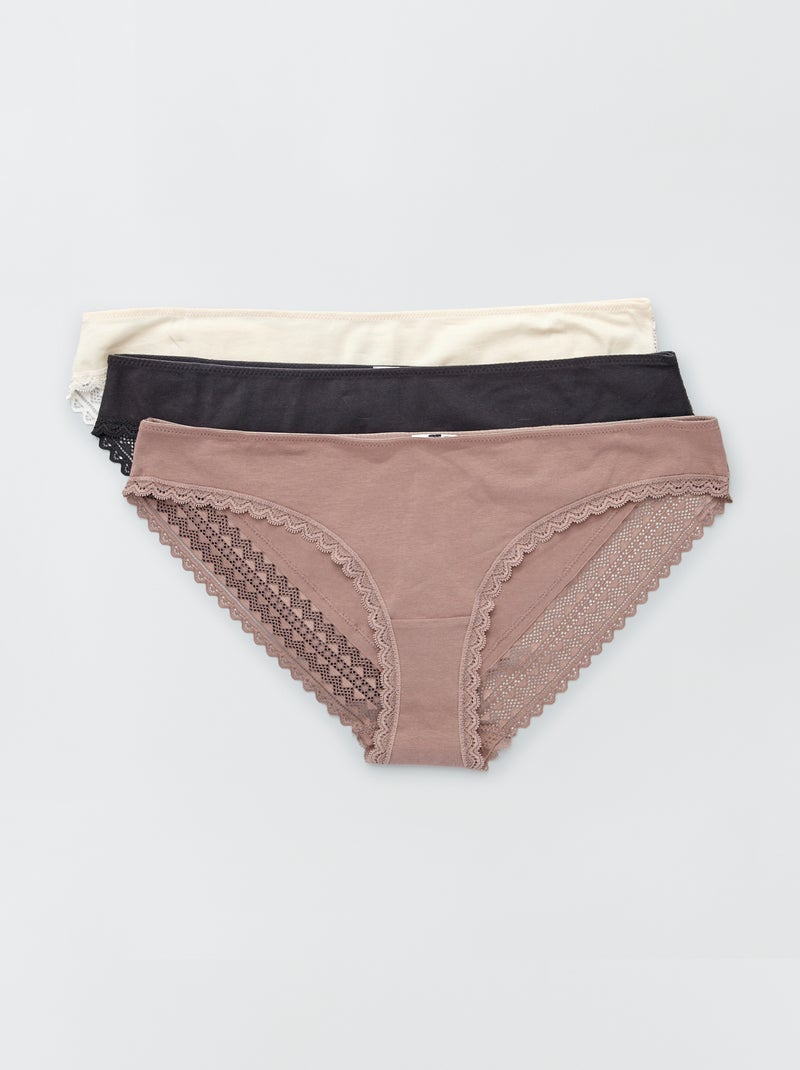 Lot de 3 culottes coton dentelle écru/vieux rose/gris foncé - Kiabi