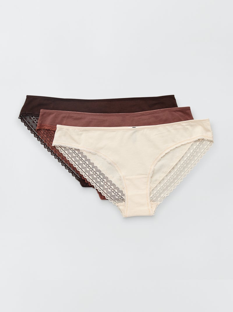 Lot de 3 culottes coton dentelle marron/marron rosé/beige - Kiabi