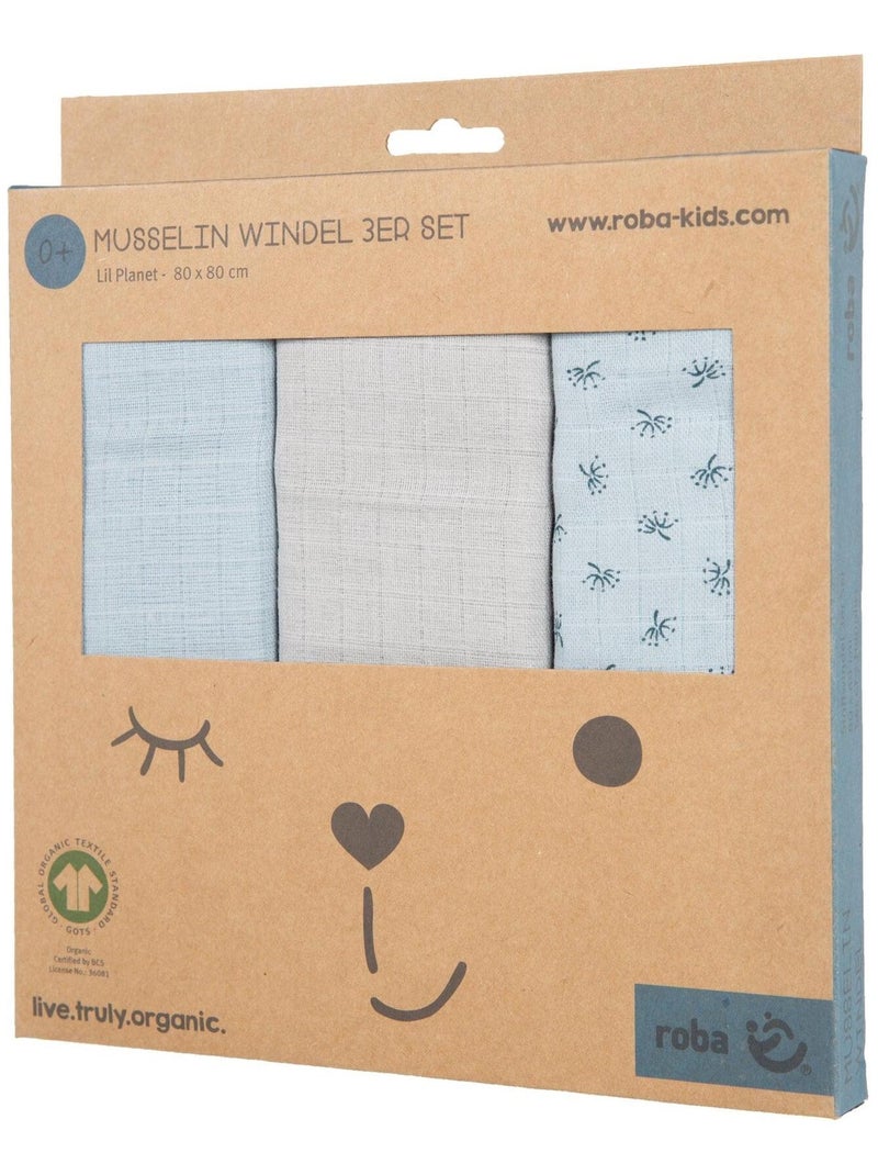 Lot de 3 langes en coton bio - ROBA 'Lil planet' Bleu clair - Kiabi