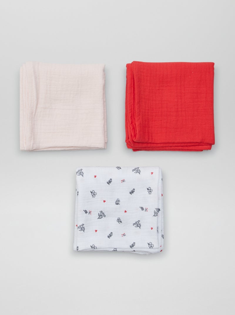 Lot de 3 langes en gaze de coton Blanc/rouge/rose - Kiabi