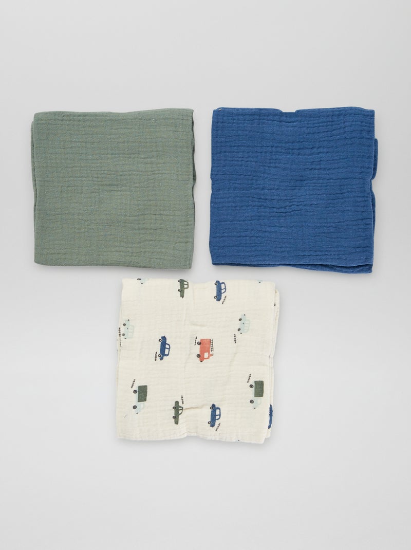Lot de 3 langes en gaze de coton Bleu - Kiabi