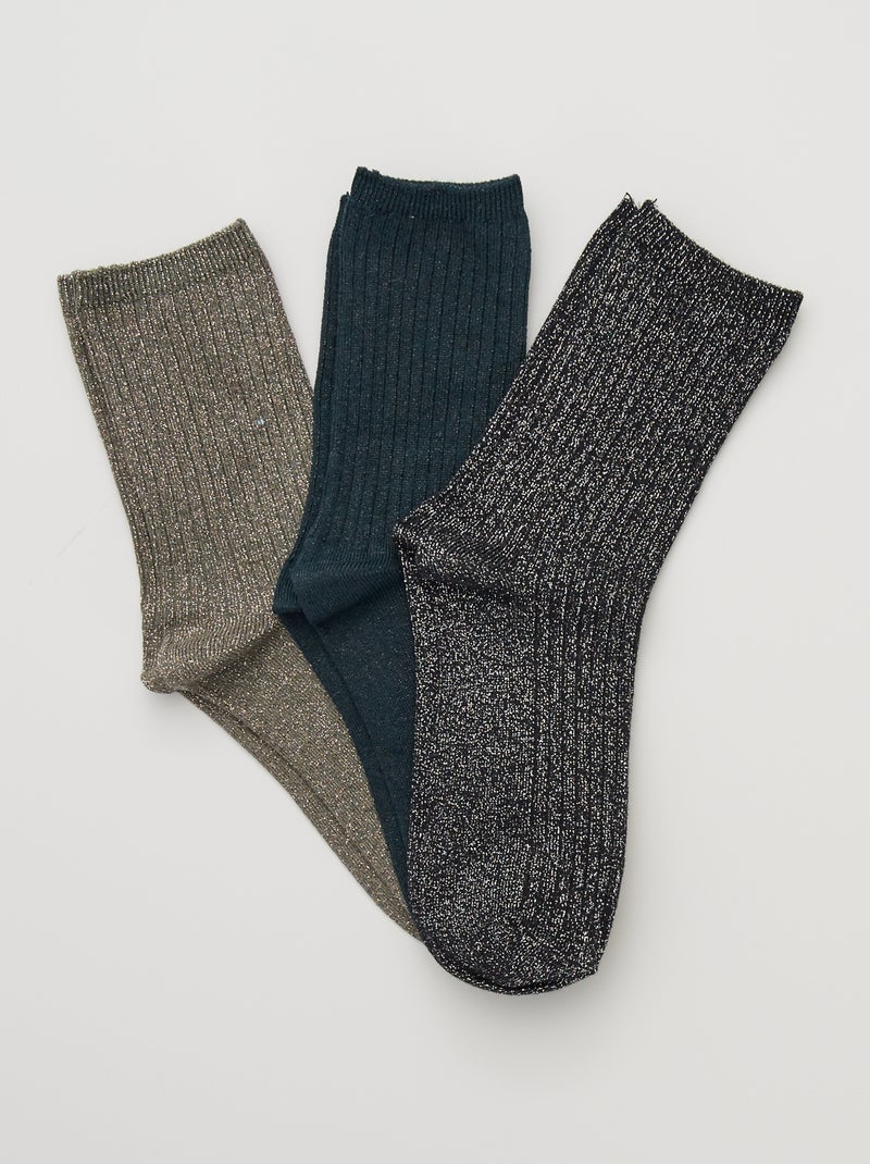 Lot de 3 paires de chaussettes à paillettes kaki/noir - Kiabi