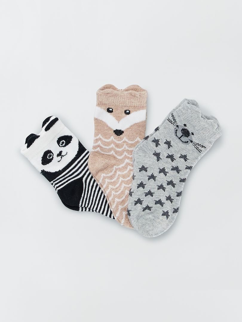 Lot de 3 paires de chaussettes 'animaux' bge/gris/nr - Kiabi