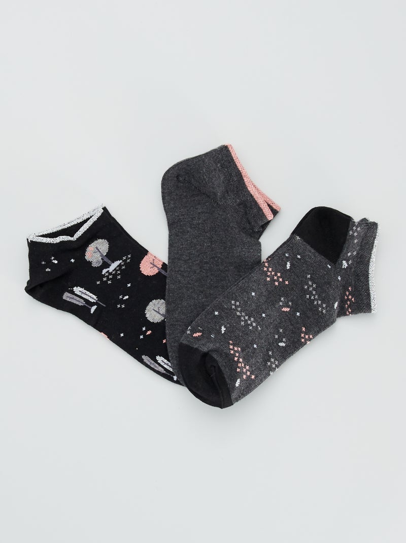 Lot de 3 paires de chaussettes fantaisie noir/gris - Kiabi