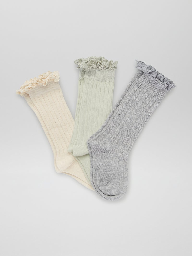 Lot de 3 paires de chaussettes hautes Gris/blanc/vert - Kiabi
