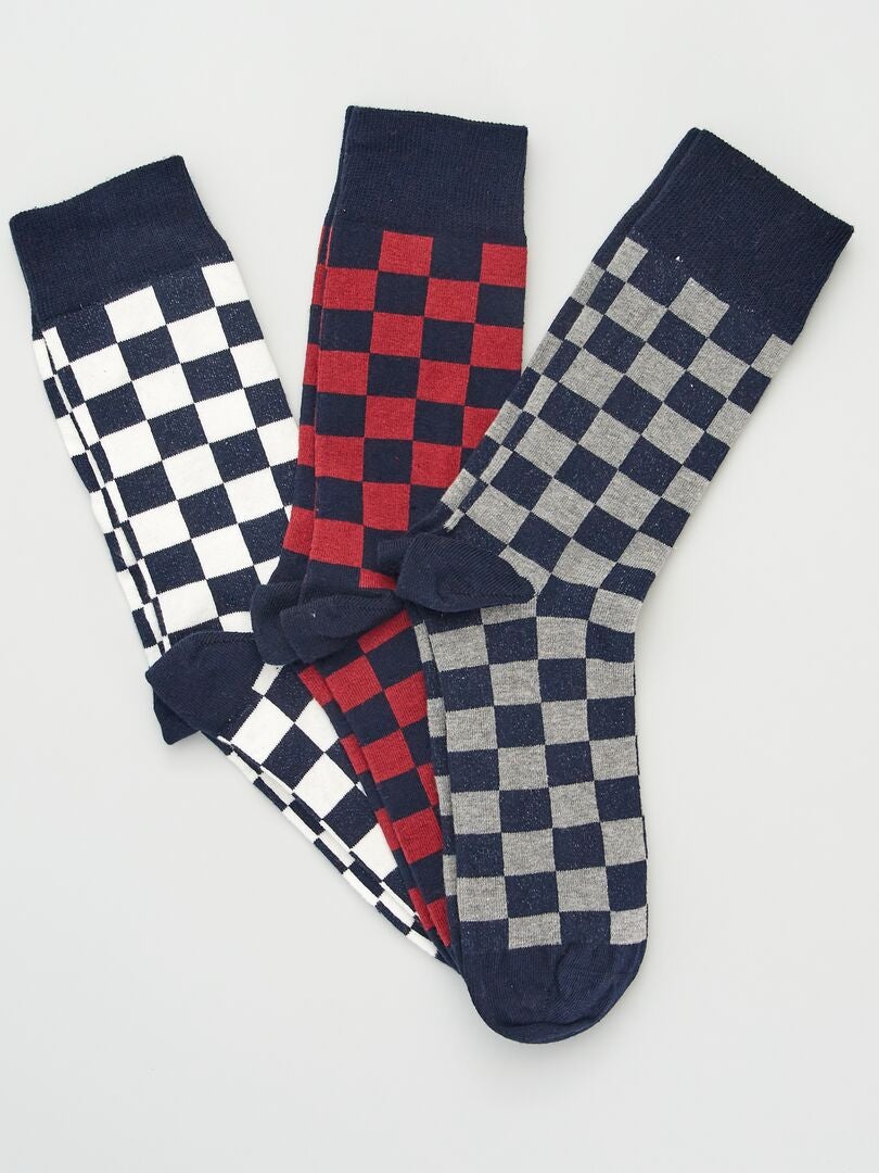 Lot de 3 paires de chaussettes imprimé 'damier' Blanc/gris/rouge - Kiabi