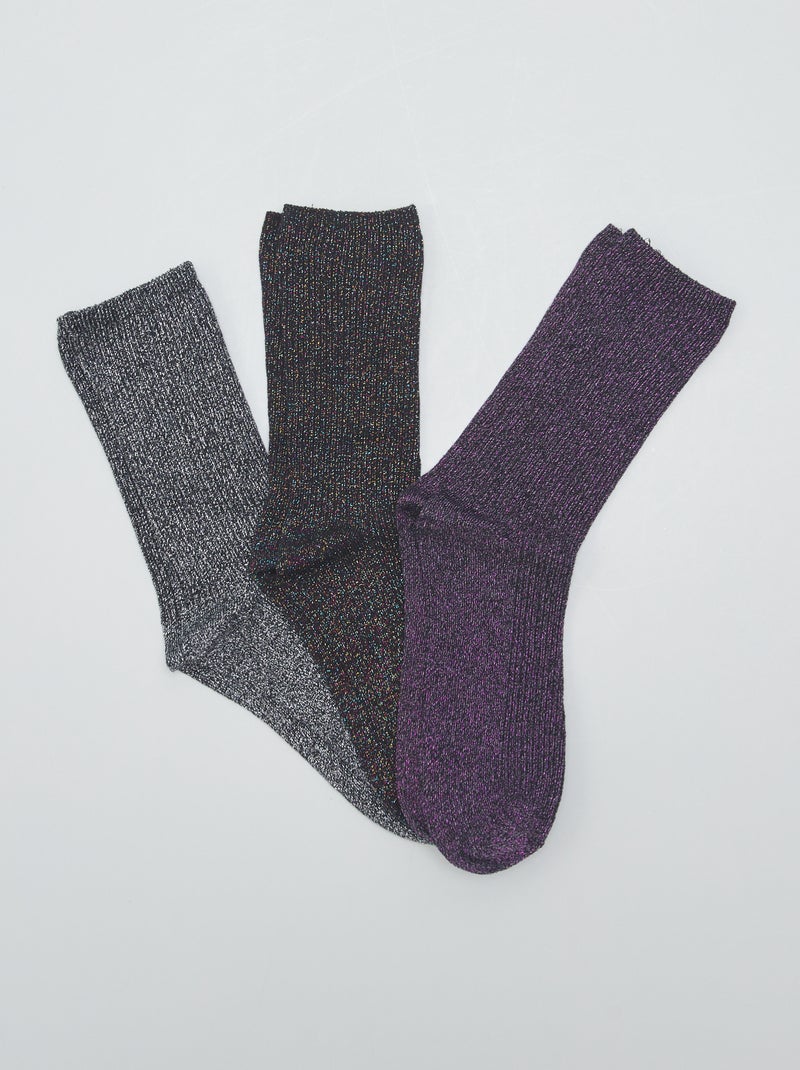 Lot de 3 paires de chaussettes pailletées Noir/gris/violet - Kiabi