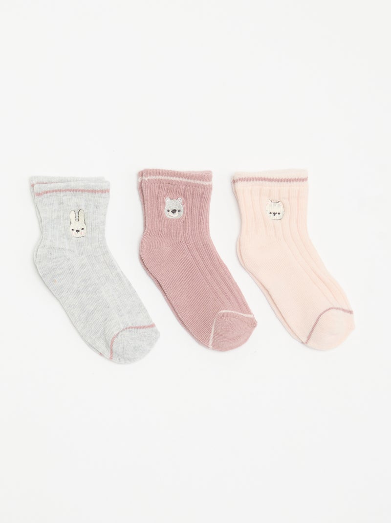 Lot de 3 paires de mi-chaussettes avec broderie fantaisie Rose - Kiabi