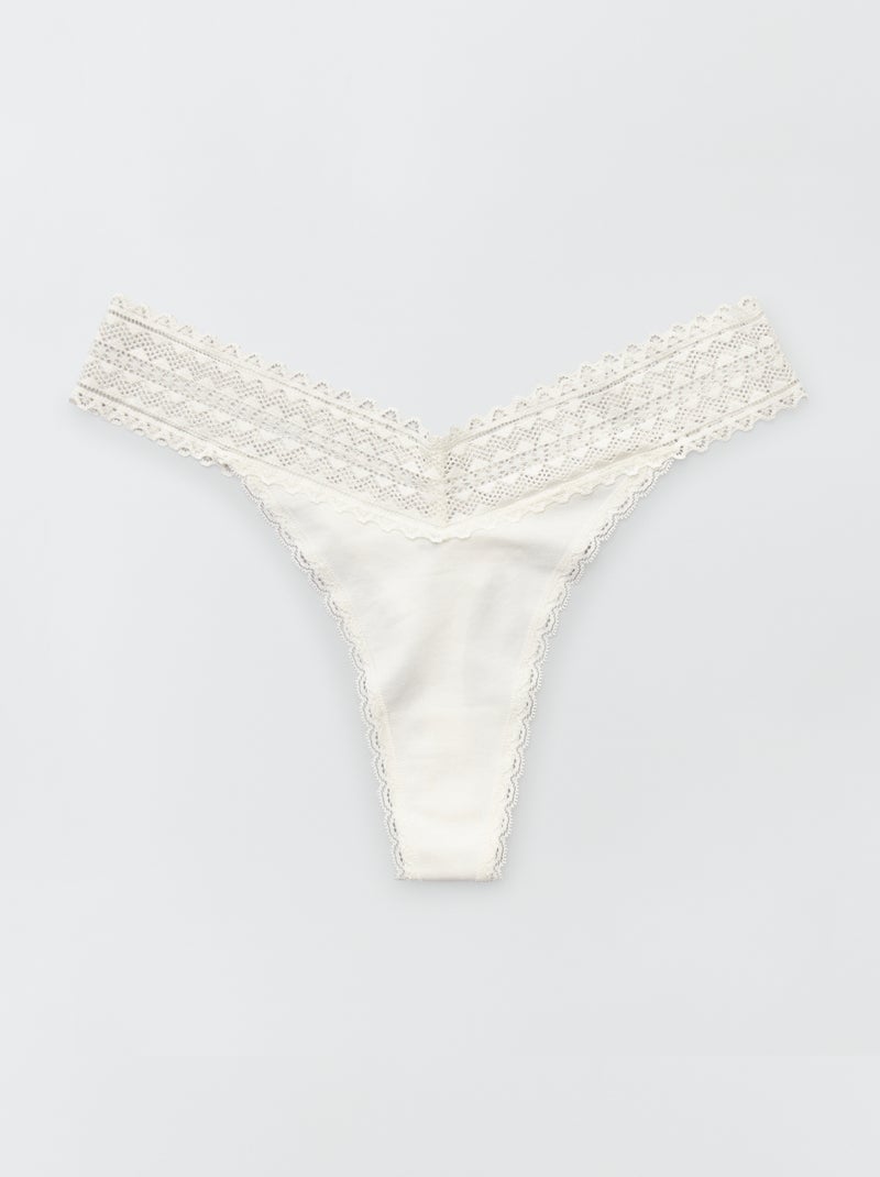 Lot de 3 strings coton et dentelle écru/bleu/marine - Kiabi