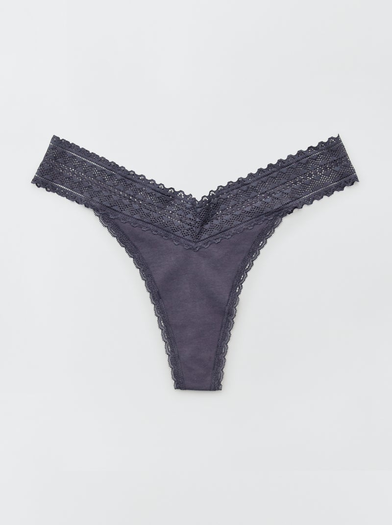 Lot de 3 strings coton et dentelle écru/bleu/marine - Kiabi