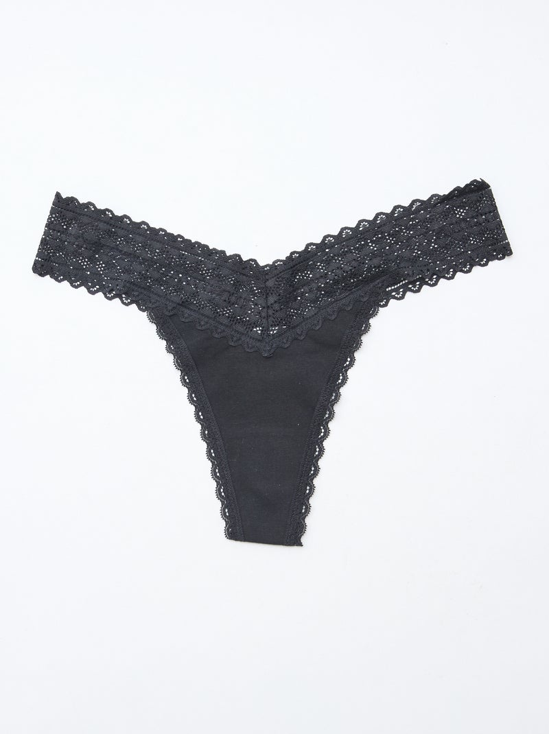 Lot de 3 strings coton et dentelle Noir - Kiabi