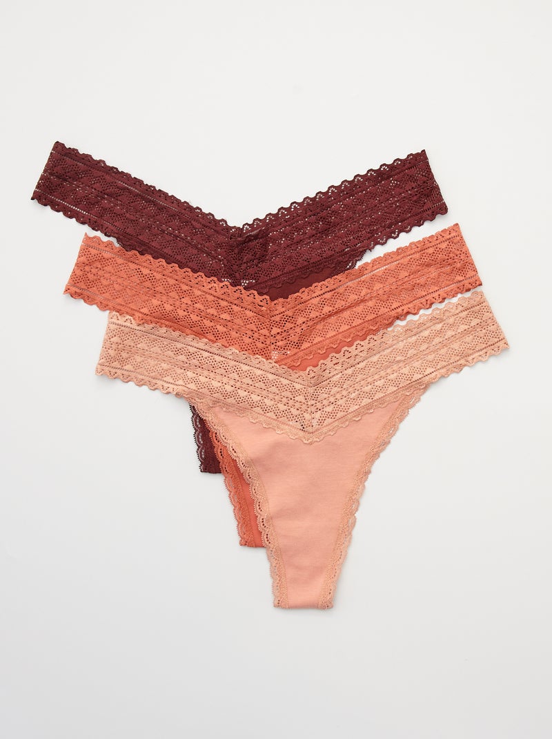 Lot de 3 strings coton et dentelle rose/orange/bordeaux - Kiabi