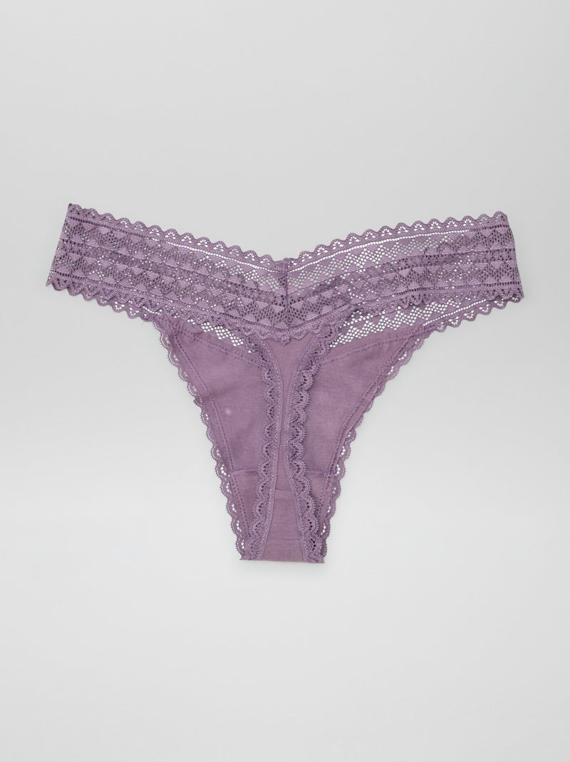 Lot de 3 strings coton et dentelle Violet - Kiabi