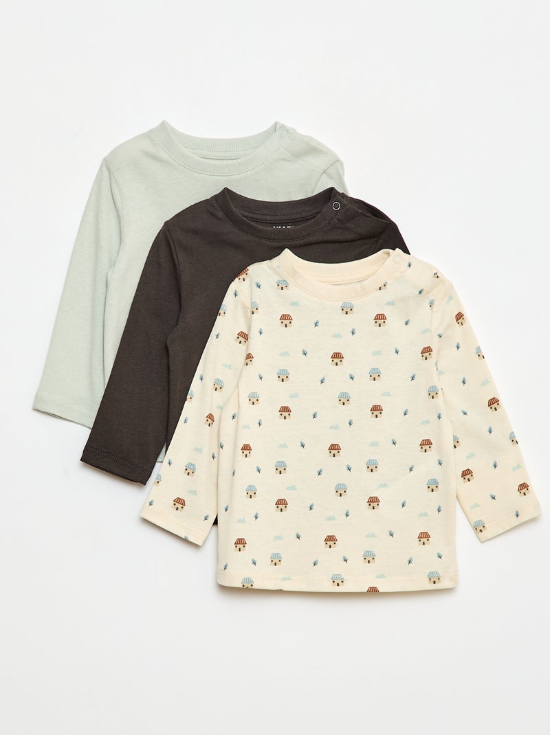 Lot de 3 t-shirts à manches longues dont 1 à motif Blanc - Kiabi