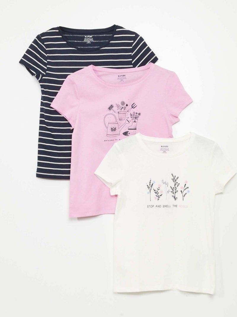 Lot de 3 t-shirts imprimés Blanc/rose/bleu - Kiabi