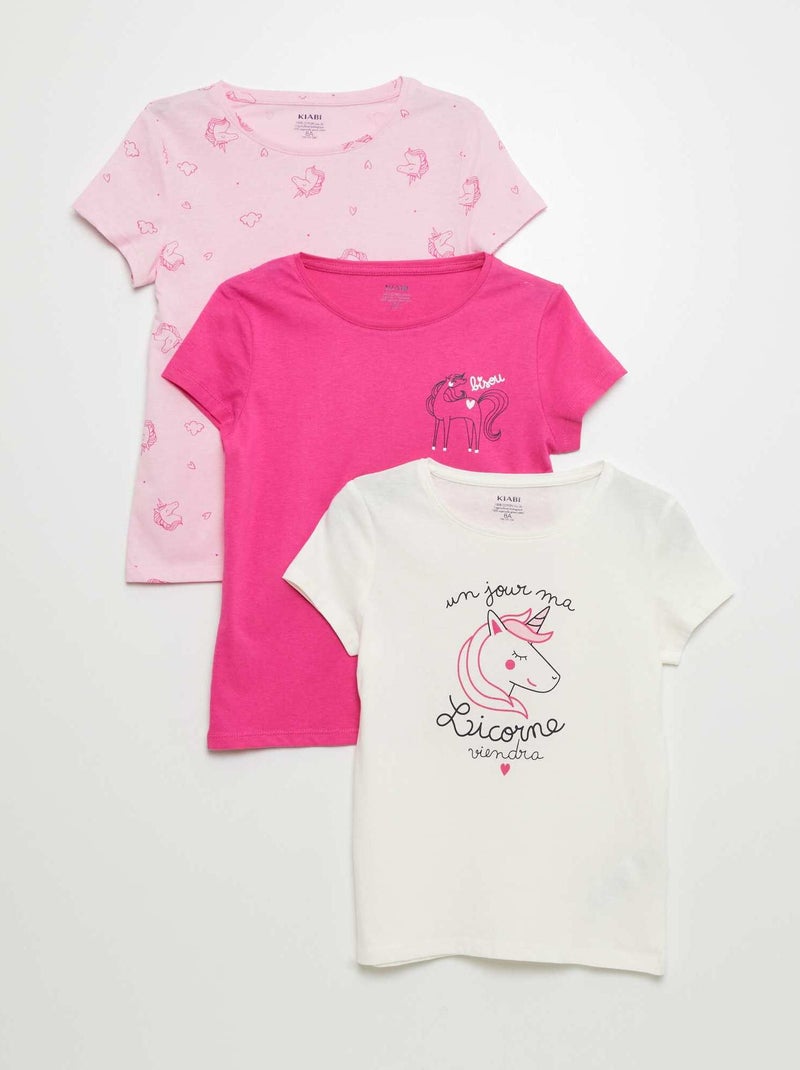 Lot de 3 t-shirts imprimés Rose/blanc - Kiabi