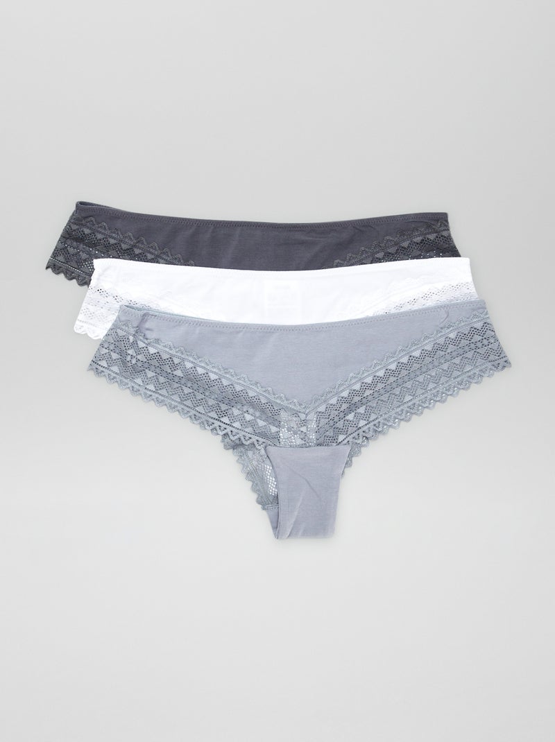 Lot de 3 tangas coton et dentelle Blanc/gris - Kiabi