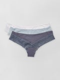 Lot de 3 tangas coton et dentelle gris/bleu/blanc - Kiabi