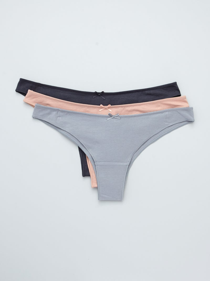 Lot de 3 tangas en coton stretch bleu/rose/gris - Kiabi