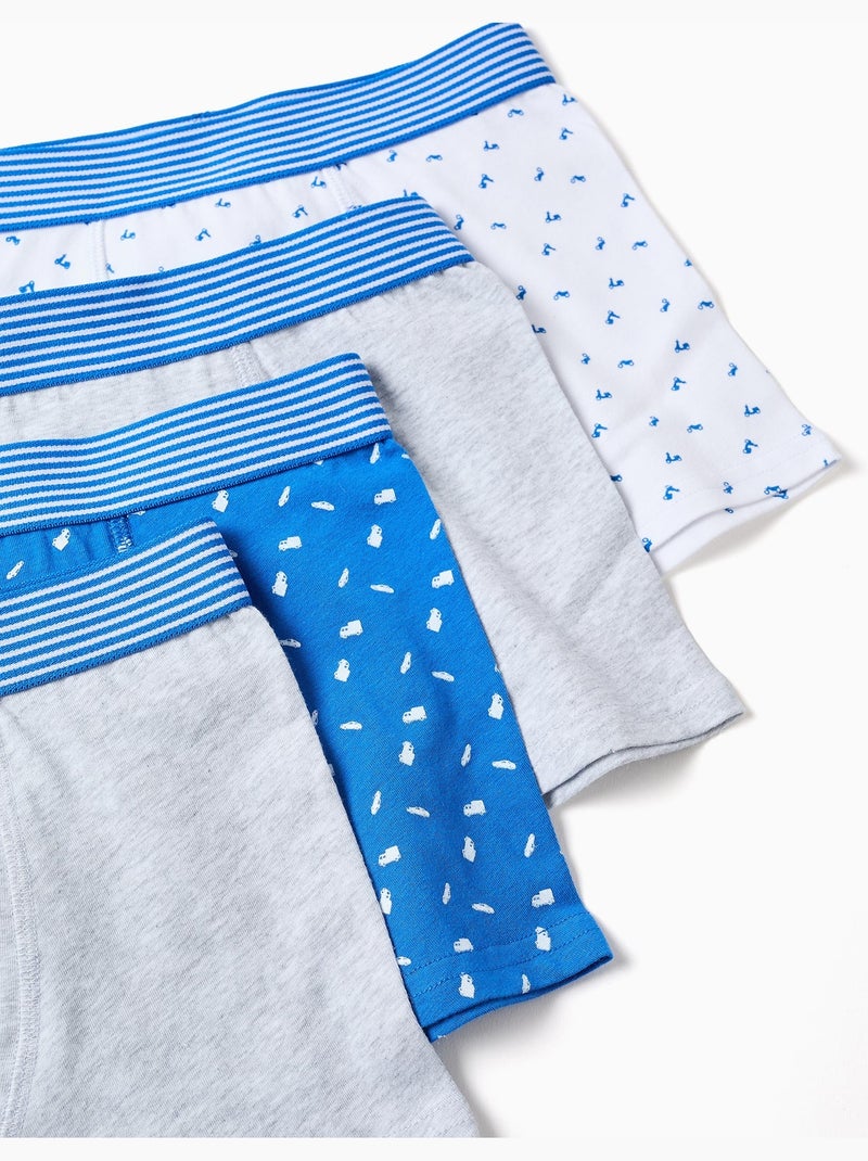 Lot de 4 boxers en coton unis/imprimés Bleu Gris Blanc - Kiabi