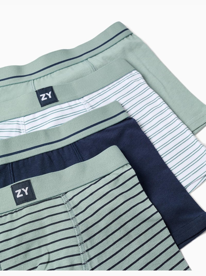 Lot de 4 boxers en coton unis/rayés Bleu Vert Gris - Kiabi