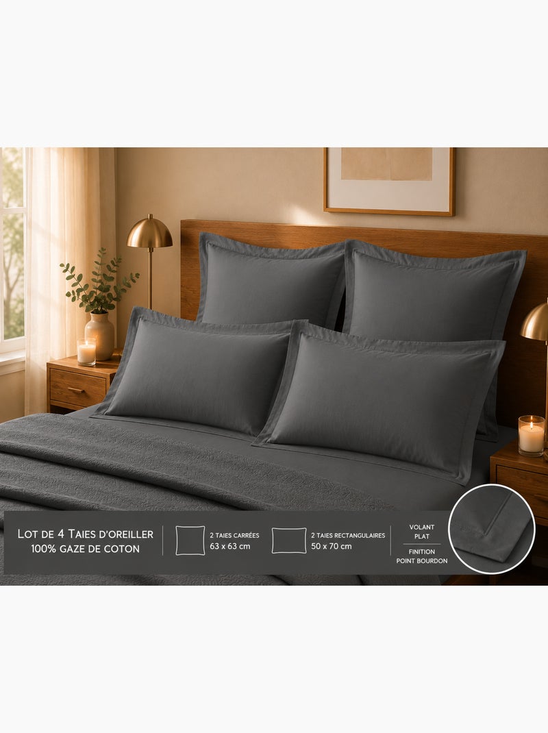 Lot de 4 taies d'oreiller 100% coton – 2 taies + 2 taies gris anthracite - Kiabi