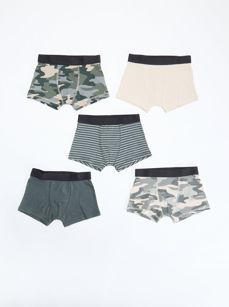 Lot de 5 boxers unis ou imprimés Kaki - Kiabi