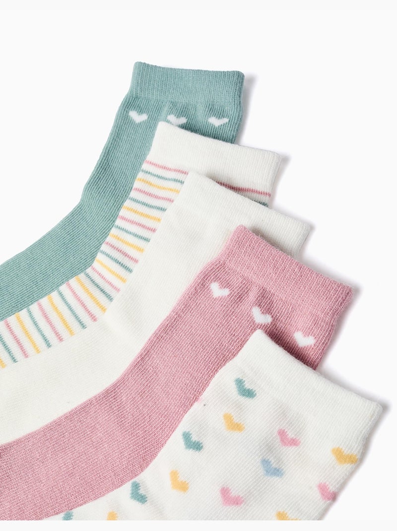 Lot de 5 paires de chaussettes à rayures/cœurs Beige/Rose/Vert d eau - Kiabi