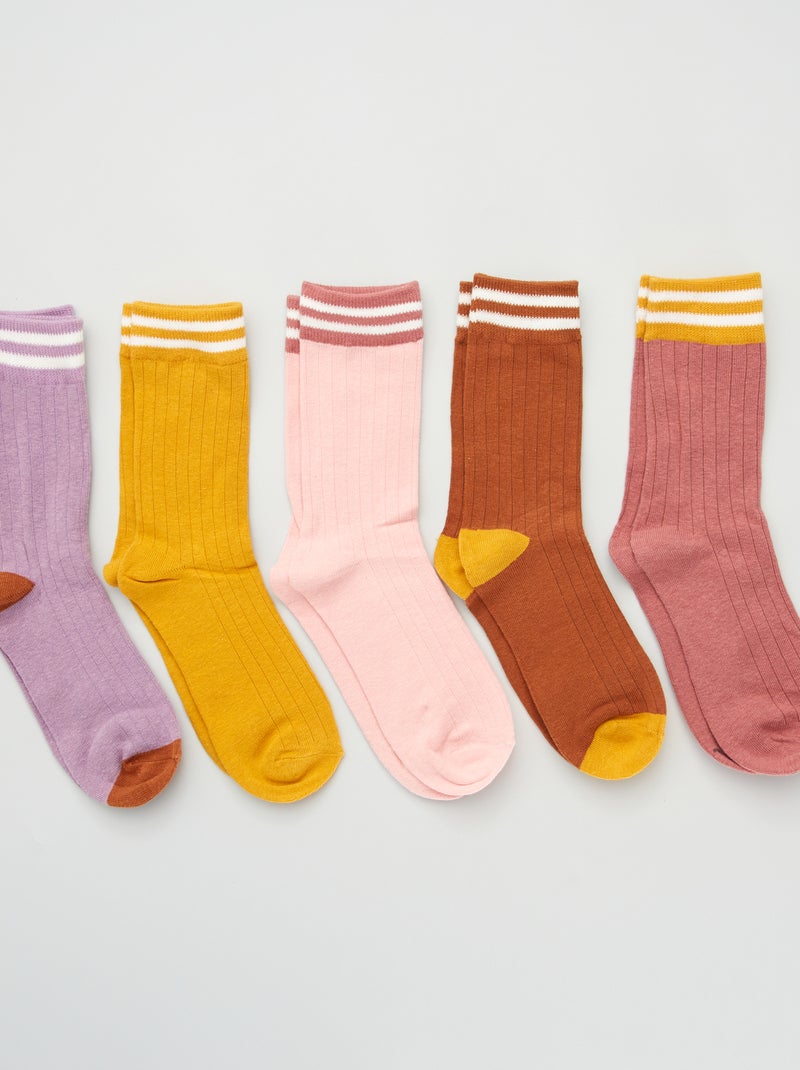 Lot de 5 paires de chaussettes avec bandes contrastantes Jaune/rose/violet - Kiabi