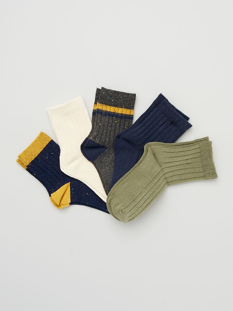 Lot de 5 paires de chaussettes côtelées kaki/marine/gris/écru - Kiabi