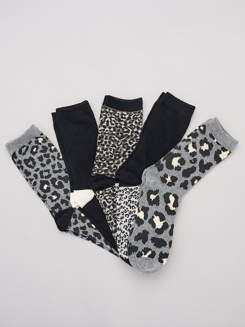 Lot de 5 paires de chaussettes 'léopard' noir/gris - Kiabi