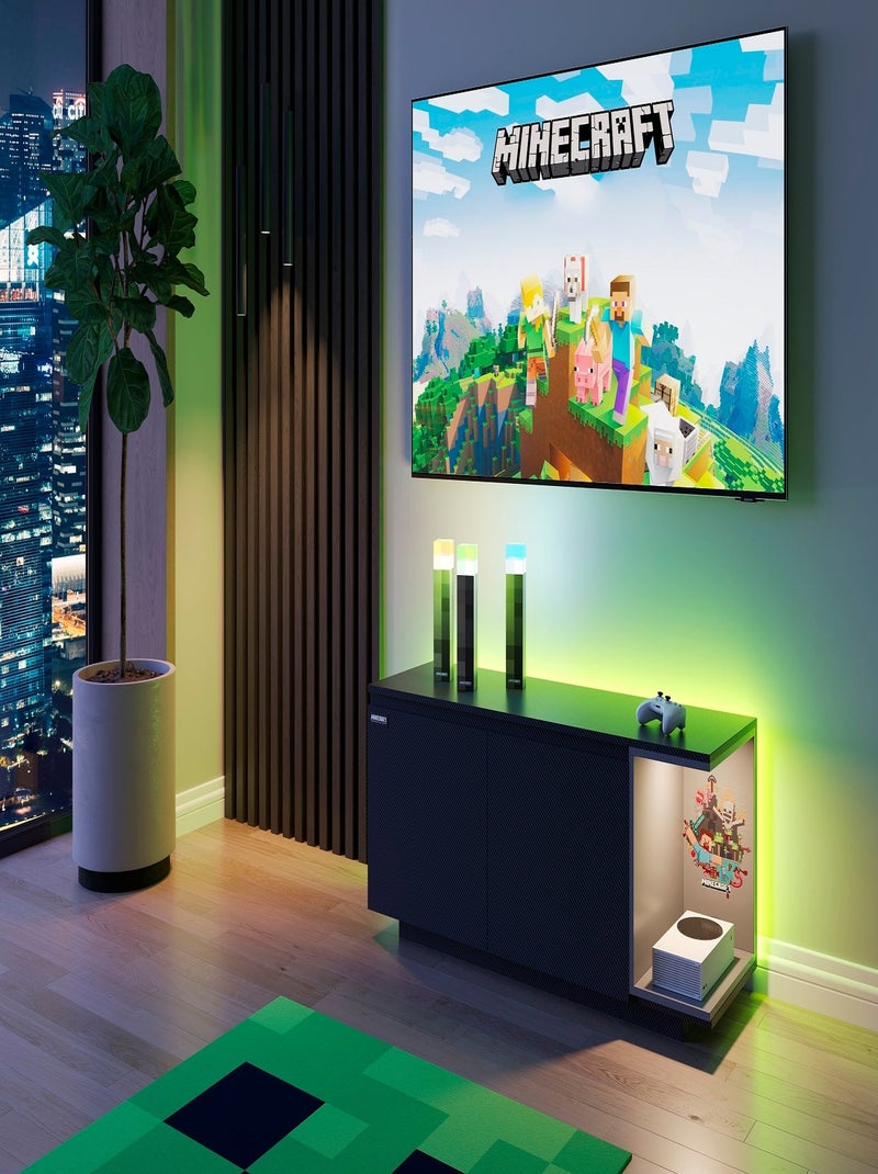 Lowboard met 2 deuren en vak met LED 'Roba' - Minecraft Zwart Multicolor - Kiabi