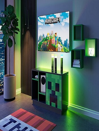 Lowboard TV avec LED et passage de câbles - 4 niches et porte 'Roba' - Minecraft