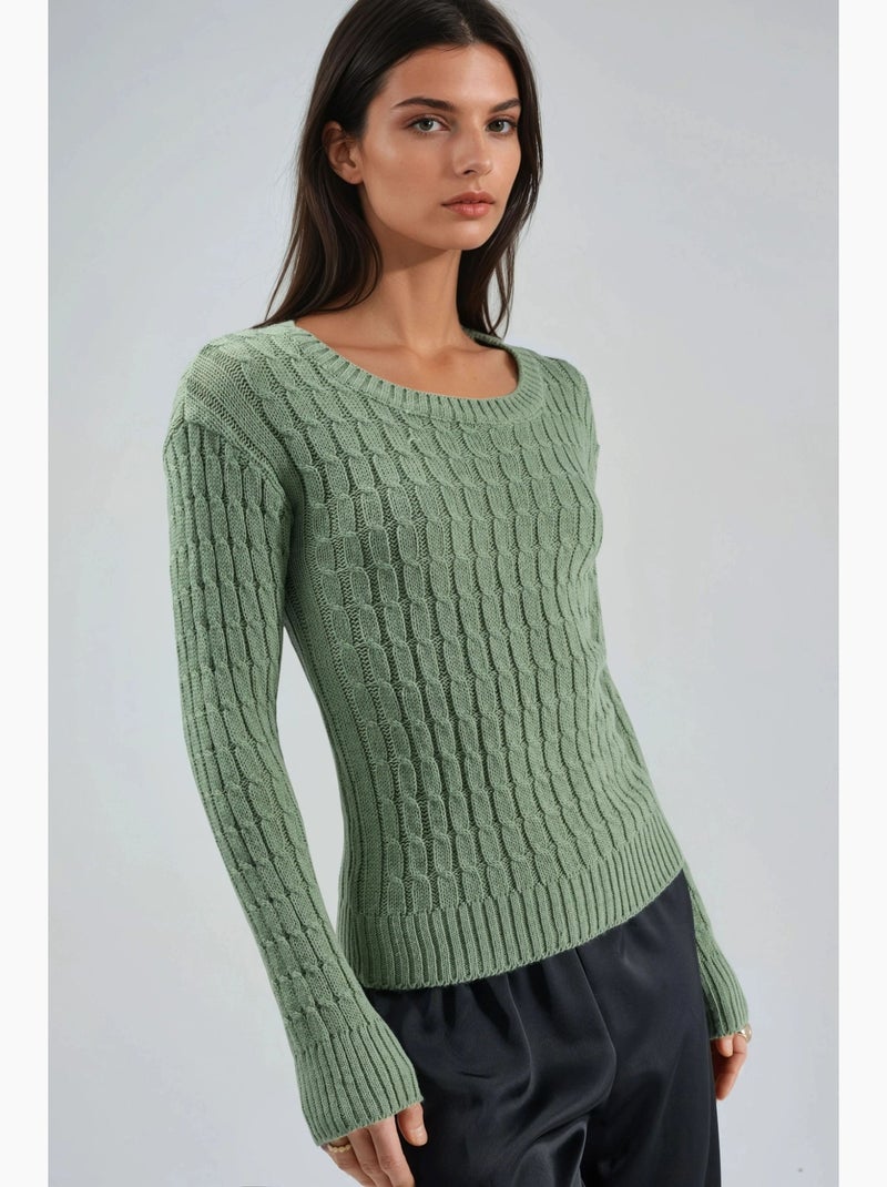 Ma mode pull à col rond en maille torsadée épaisse my fashion Vert pastel - Kiabi