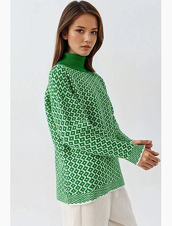 Ma mode pull à col roulé long côtelé à motif géométrique my fashion