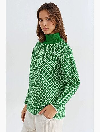 Ma mode pull à col roulé long côtelé à motif géométrique my fashion