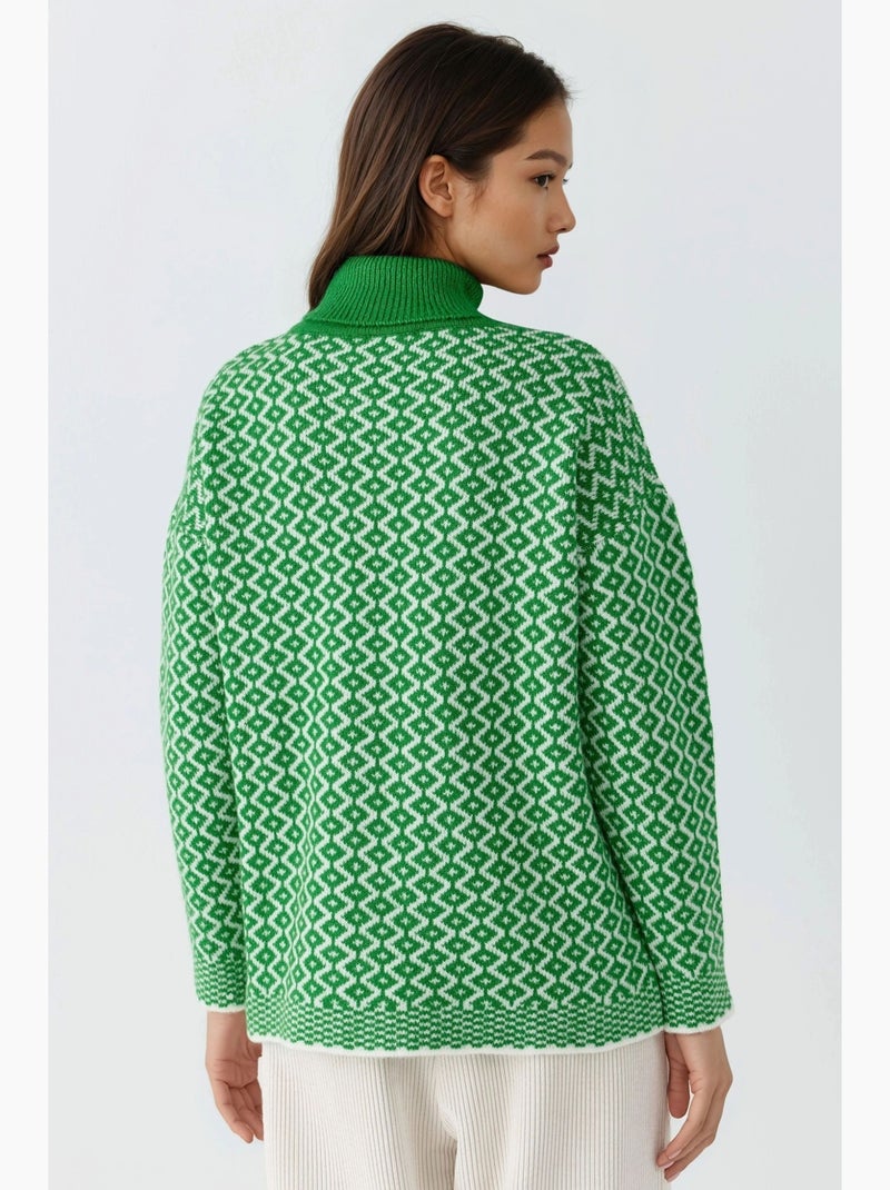 Ma mode pull à col roulé long côtelé à motif géométrique my fashion Vert foncé - Kiabi