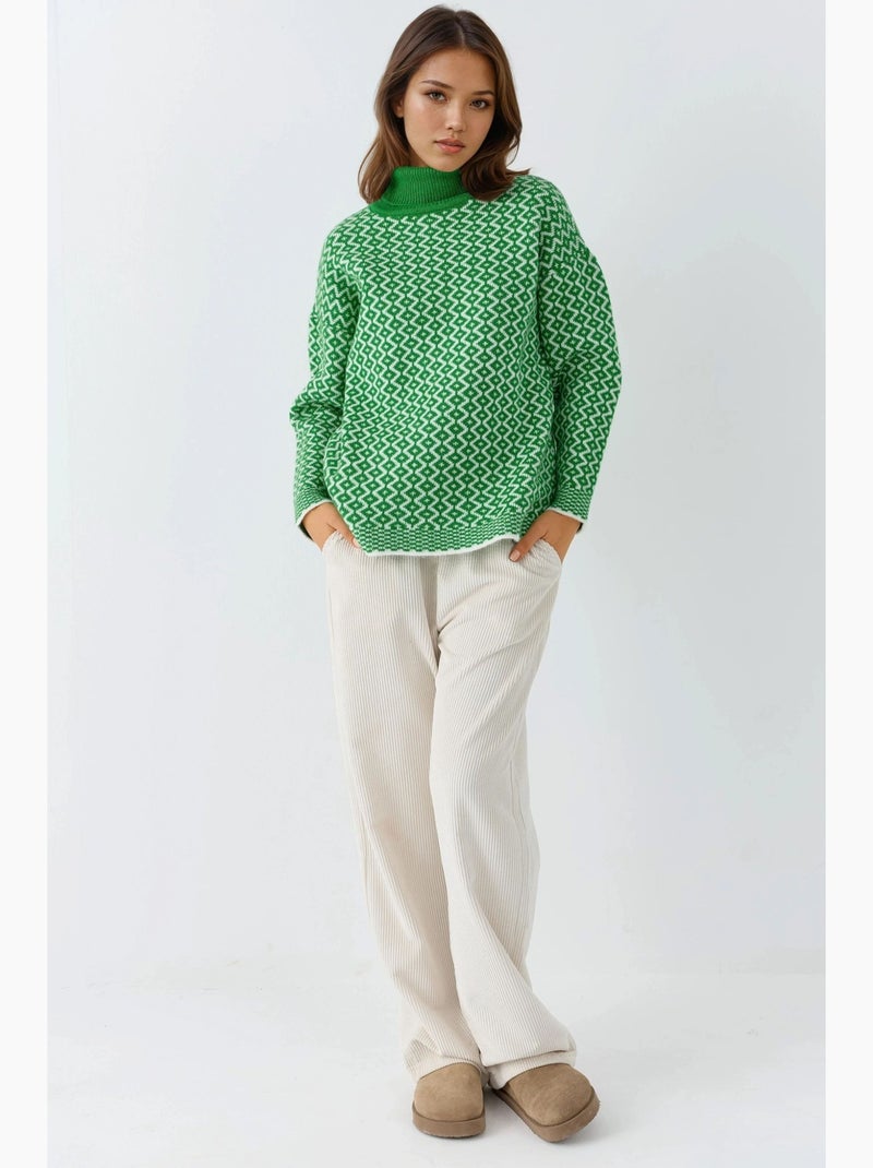 Ma mode pull à col roulé long côtelé à motif géométrique my fashion Vert foncé - Kiabi