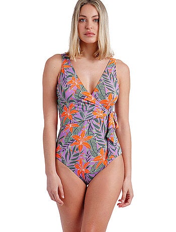 Maillot de bain 1 pièce préformé croisé jungle mauve