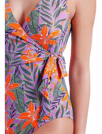 Maillot de bain 1 pièce préformé croisé jungle mauve