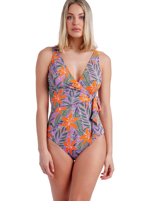 Maillot de bain 1 pièce préformé croisé jungle mauve - Kiabi Maillot de bain 1 pièce préformé croisé jungle mauve - Kiabi