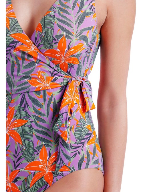 Maillot de bain 1 pièce préformé croisé jungle mauve - Kiabi Maillot de bain 1 pièce préformé croisé jungle mauve - Kiabi