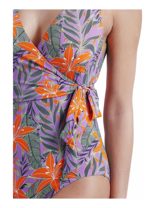 Maillot de bain 1 pièce préformé croisé jungle mauve - Kiabi Maillot de bain 1 pièce préformé croisé jungle mauve - Kiabi