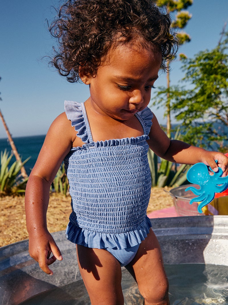 Maillot de bain 1 pièce smocké à volants Bleu - Kiabi