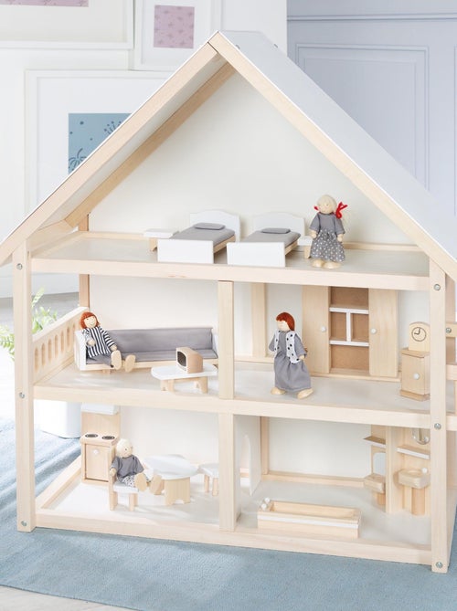 Maison de poupée en bois + meubles miniatures et 4 poupées ROBA - Kiabi