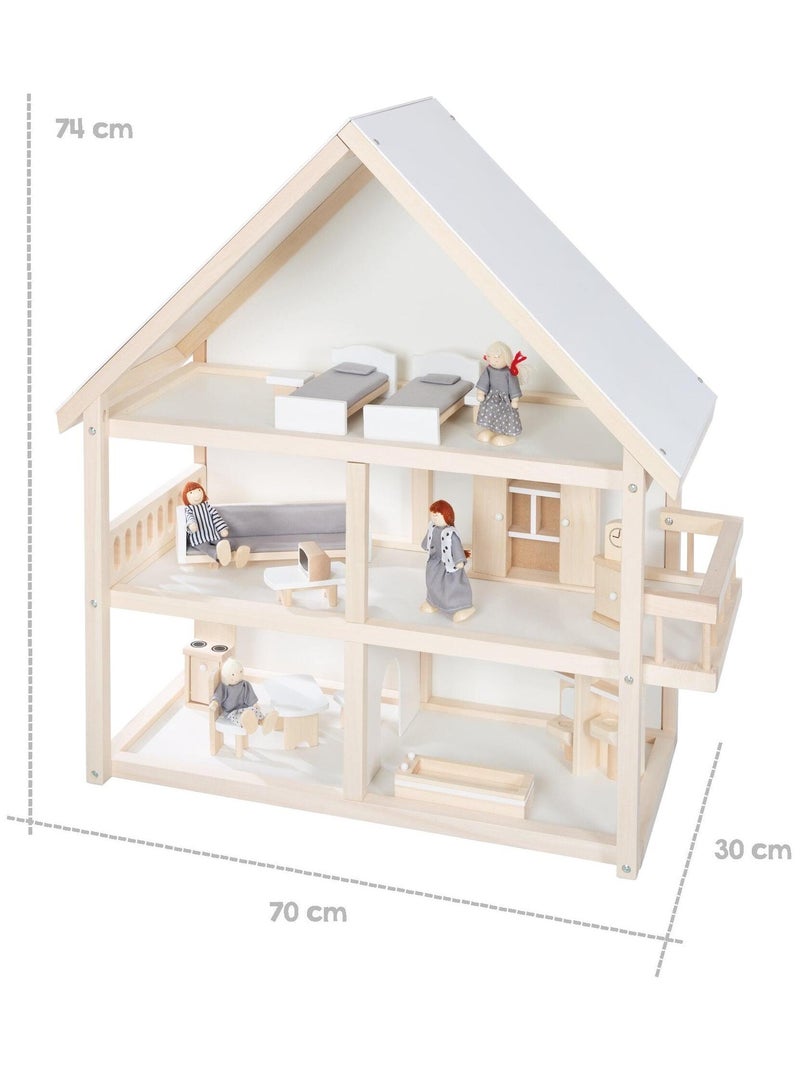 Maison de poupée en bois + meubles miniatures et 4 poupées ROBA Blanc Beige Gris - Kiabi