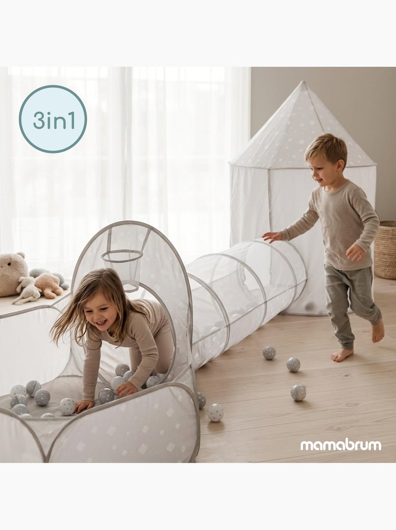 Mamabrum 3-in-1 speeltent voor kinderen vanaf 3 jaar – speeltent, ballenbak en kruiptunnel Grijs - Kiabi